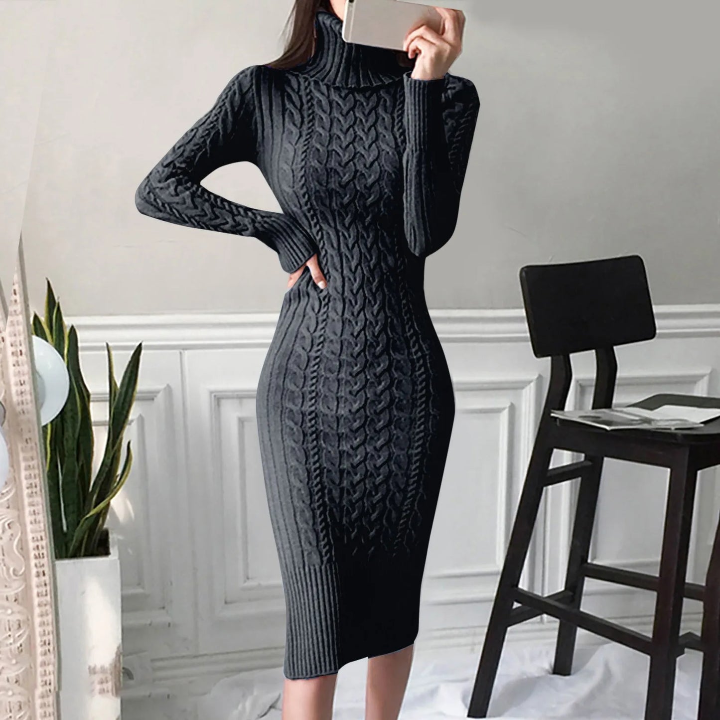 Damen Wollkleid Rollkragen Stiefelkleid Herbstkleid Winterkleid Strickkleid Long