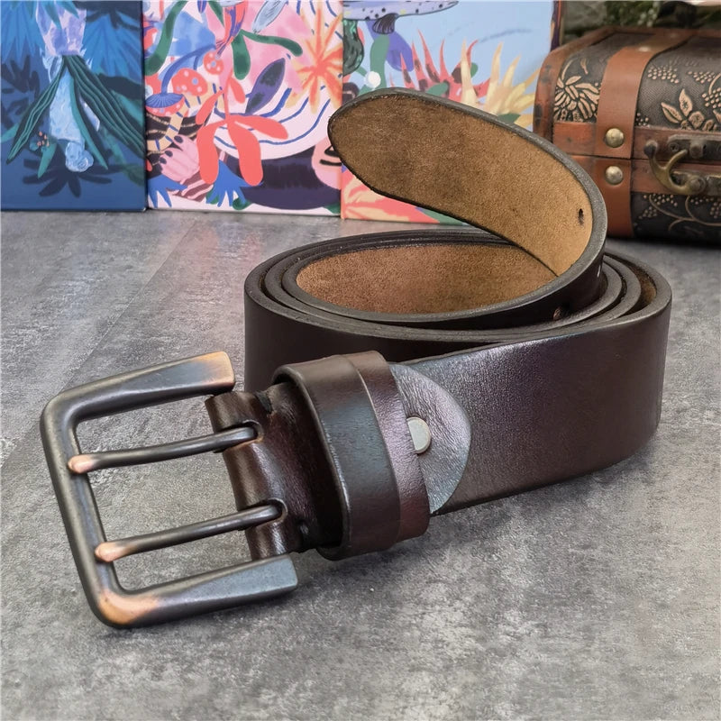 Jeans-Gürtel Herren Eckig Schnalle Echt Leder Gürtel Braun Breite Schnalle