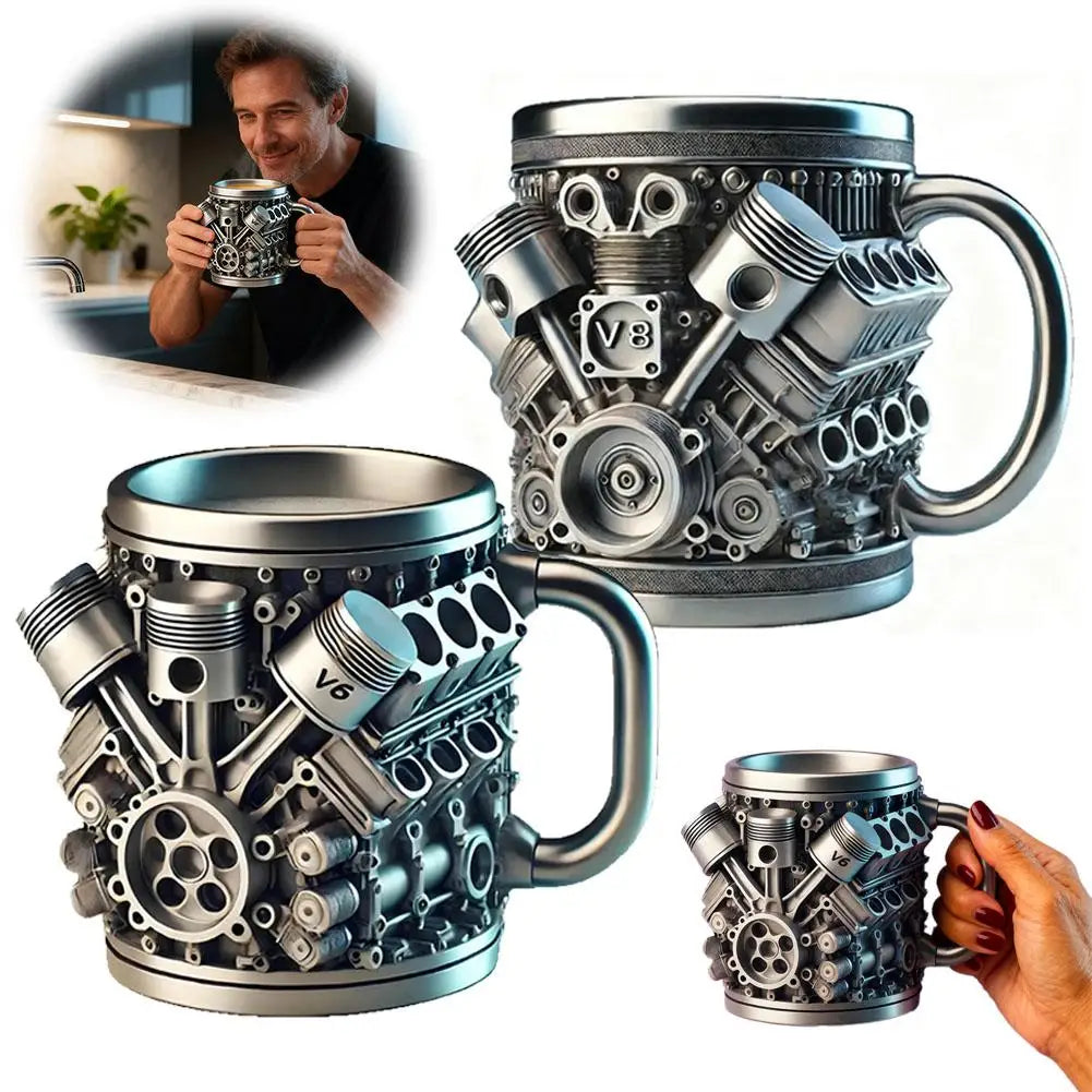 Edelstahl-Kaffeebecher Mug V8-Motoren-Motiv Kaffeetasse Becher Tasse Geschenk