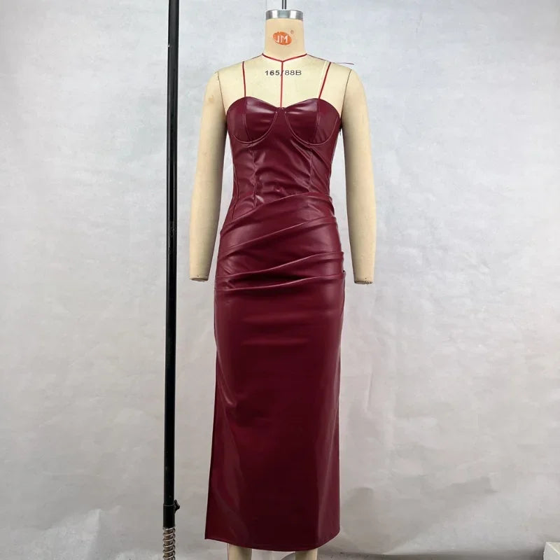 Frauen PU Leder Kleid rückenfreies Partykleid Trägerlos Abendkleid Cocktailkleid
