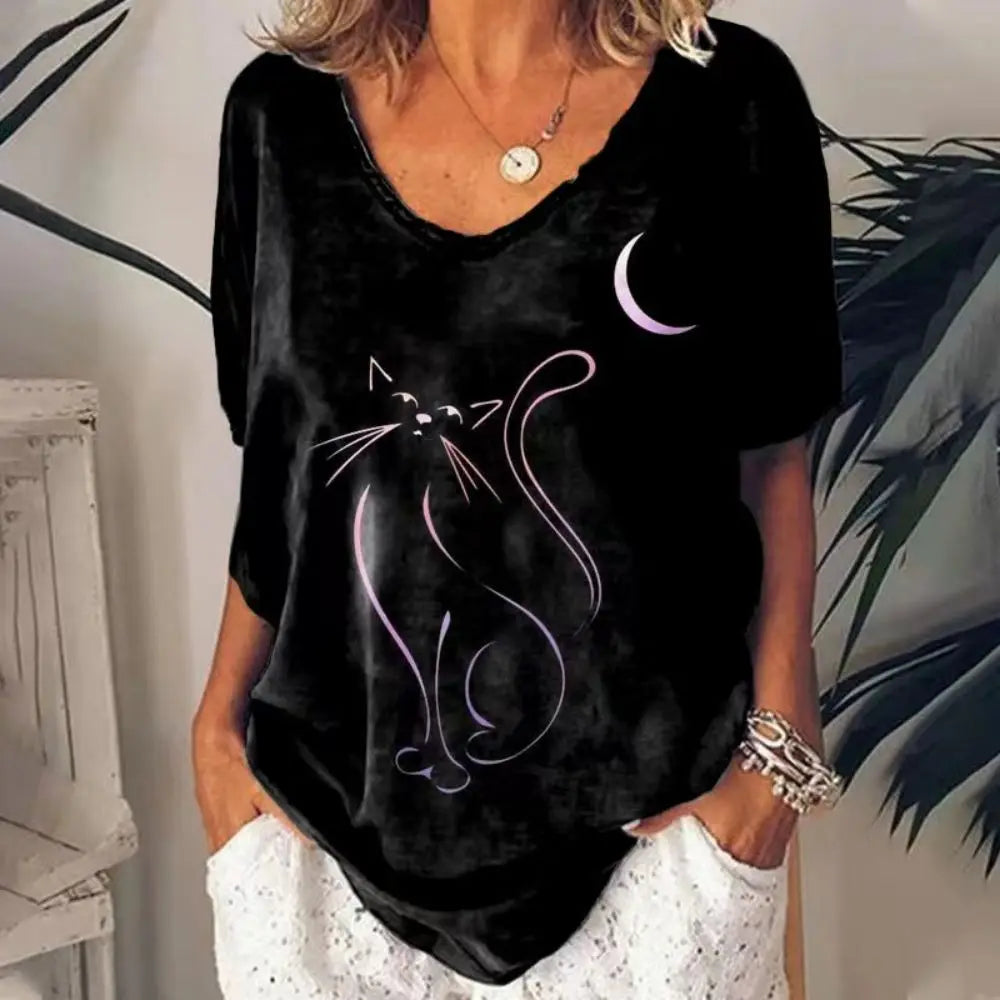 Damen Sommer Top 3D Katzen T-Shirt Rundhals Streetwear lockeres Damentop Bluse