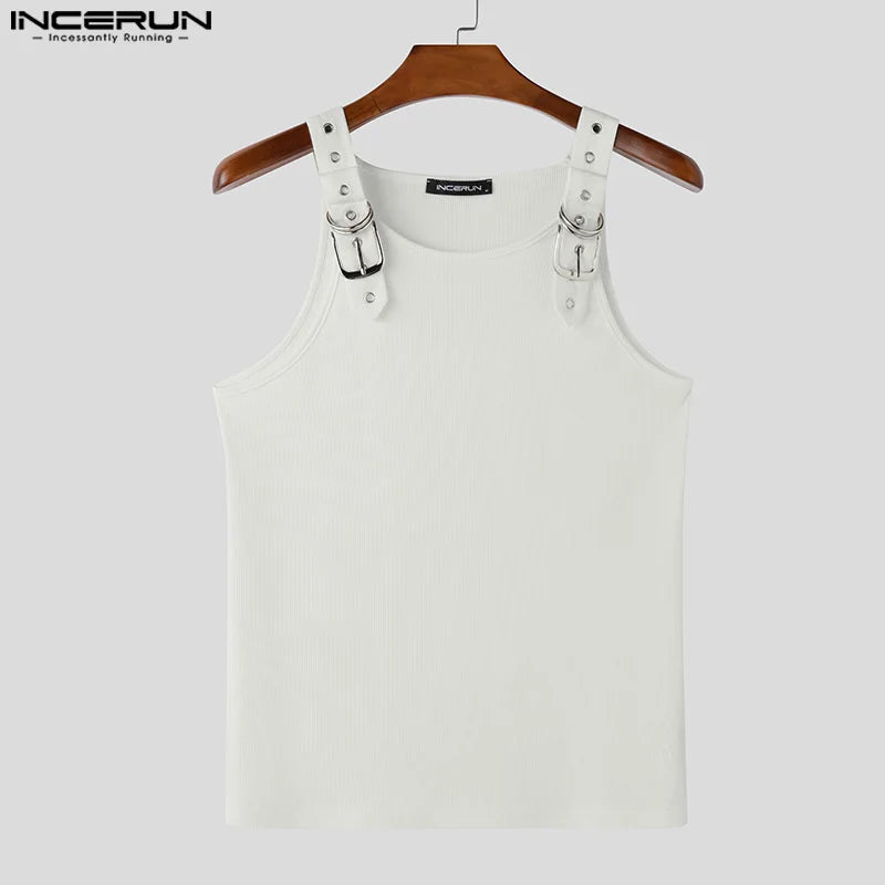 INCERUN Tops Amerikanischen Stil, Mode, Neue Männer Dekonstruktion Design Metall Schnalle Mesh Westen Casual Streetwear Männlich Solide Tank Tops