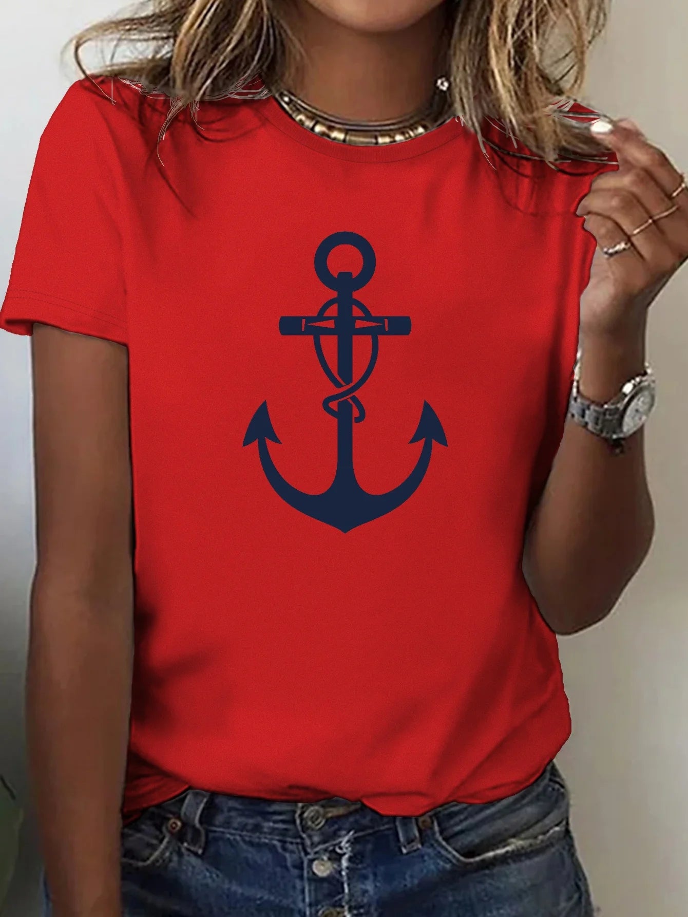 Damen Sommer Top Anker T-Shirt Rundhals Streetwear lockeres Damentop Anker-Motiv