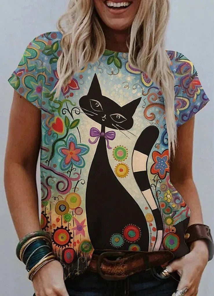 Damen T-Shirt Sommer Top Katzen Hemd Rundhals Streetwear lockeres Damentop