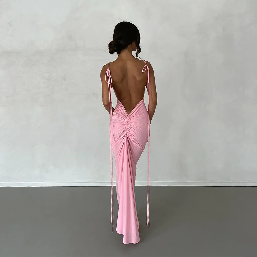 Frauen Kleid rückenfreies Partykleid Langes Trägerkleid Abendkleid Cocktailkleid