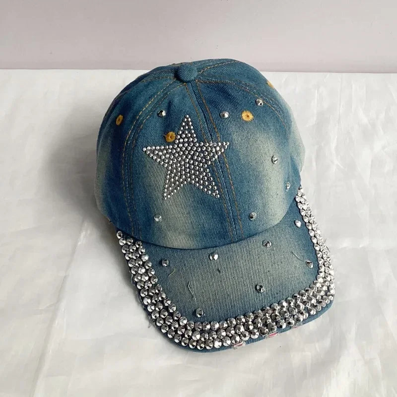 Jeans Basecap Cappy Denim Look Cap Kappe LOVE Strass gebogen Herren Damen