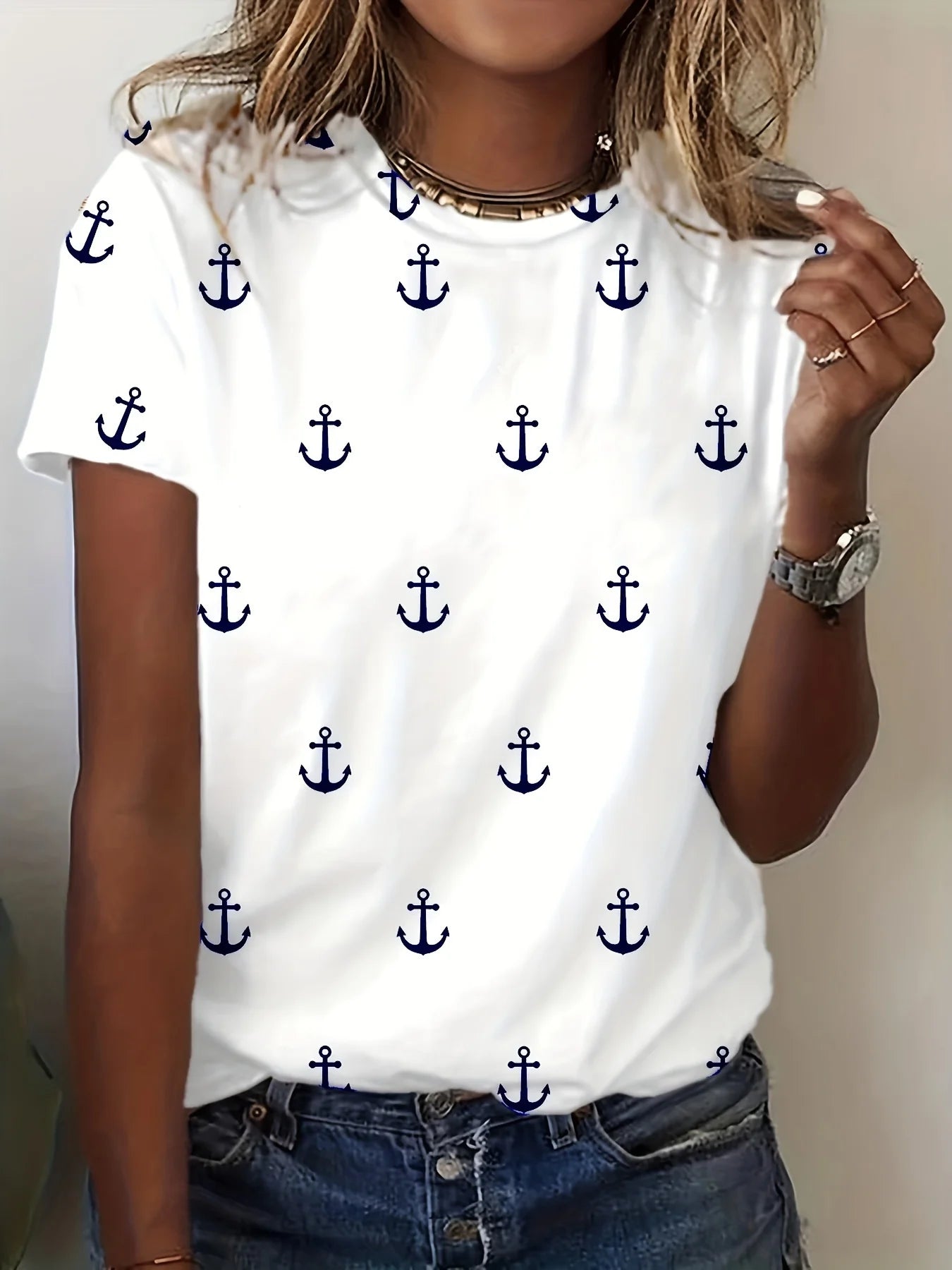 Damen Sommer Top Anker T-Shirt Rundhals Streetwear lockeres Damentop Anker-Motiv