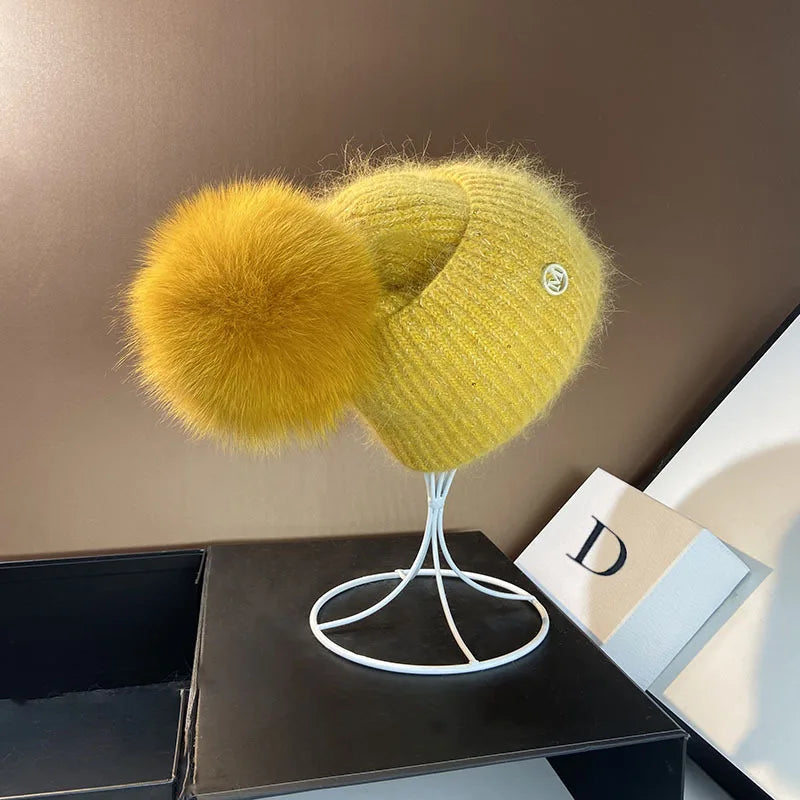 Damen Wolle Mütze Wintermütze Strickmütze Gefüttert Pudelmütze Bommel Skimütze