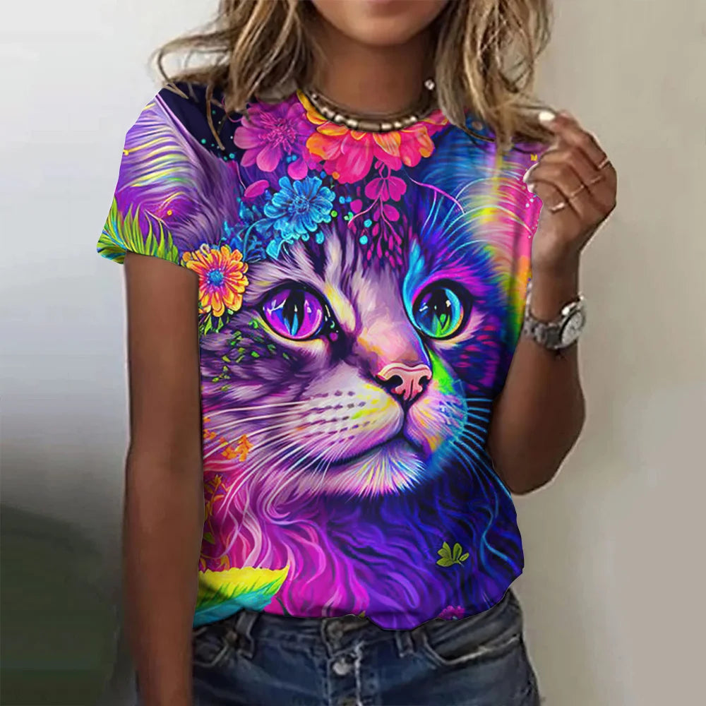 Damen Sommer Top 3D Katzen T-Shirt Rundhals Streetwear lockeres Damentop Bluse
