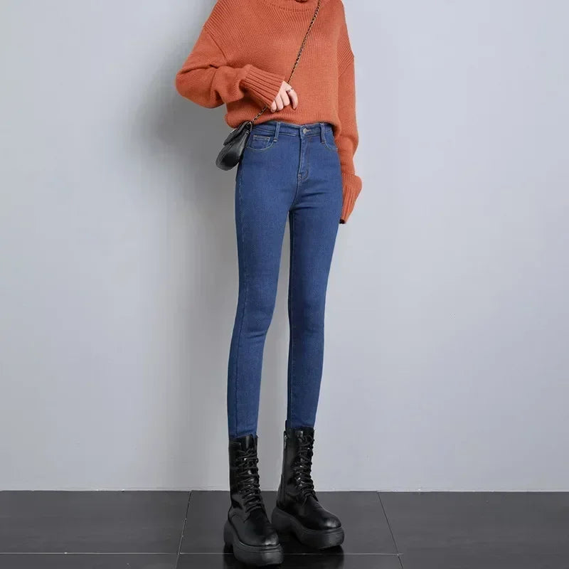 Damen Winter Warm Thermo Jeans Hose Innenfleece Stretch Hosen Leggins Denim