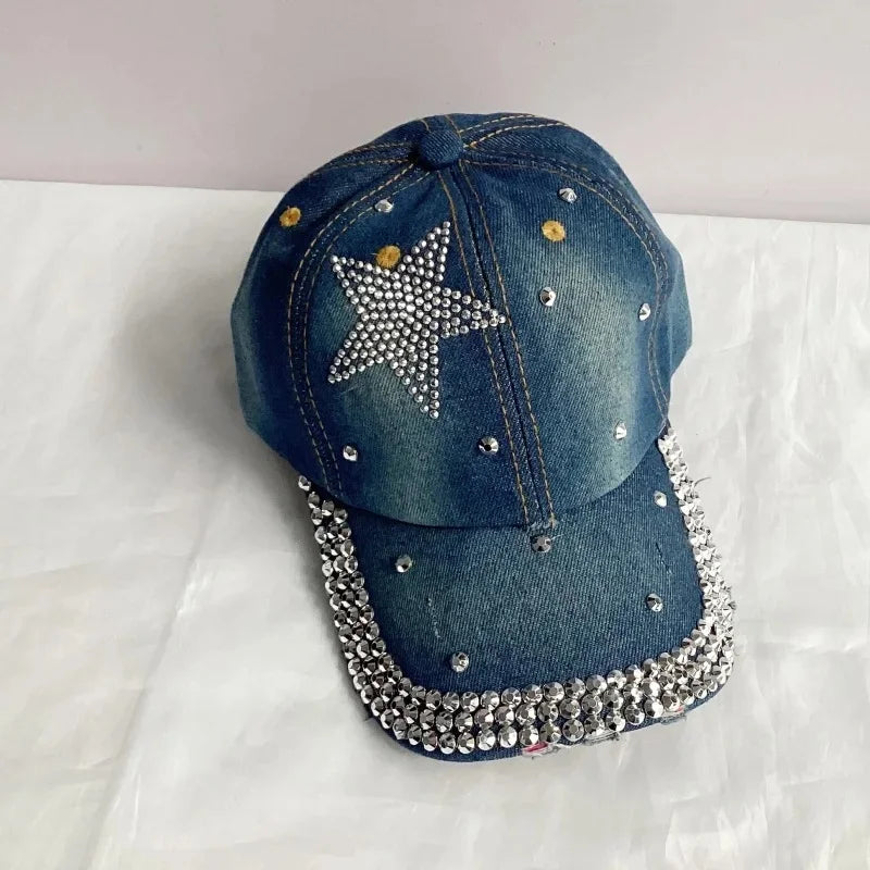 Jeans Basecap Cappy Denim Look Cap Kappe LOVE Strass gebogen Herren Damen