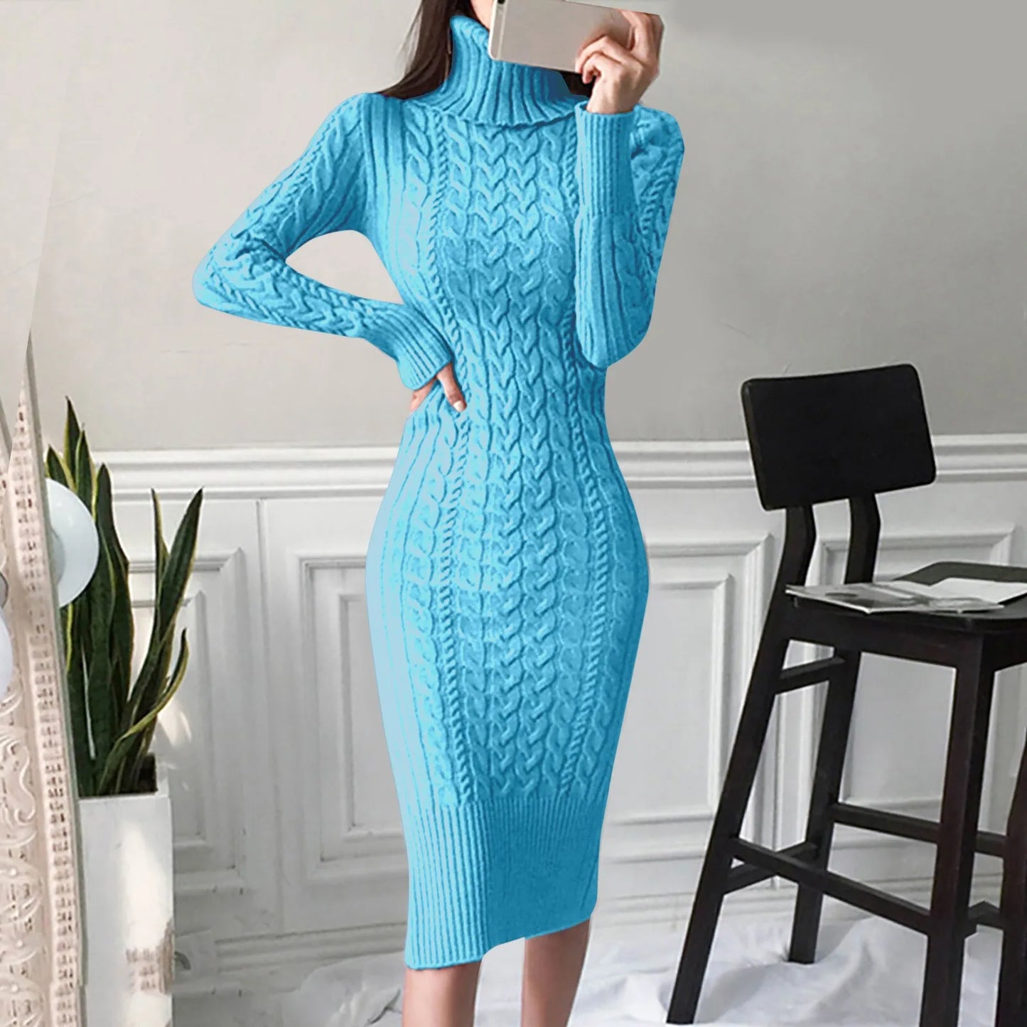 Damen Wollkleid Rollkragen Stiefelkleid Herbstkleid Winterkleid Strickkleid Long