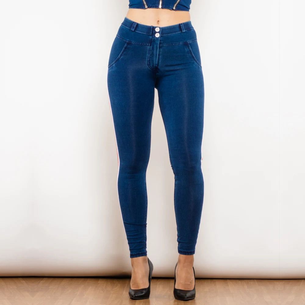 Leggins Donna Vita Alta Pantaloni Jeans Sportivi Fitness Palestra Effetto Denim