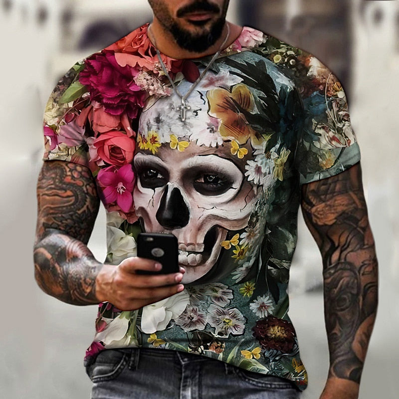 Fashion Herren Horror Skull 3D T-Shirt Rundhals Unisex Sommer Streetwear