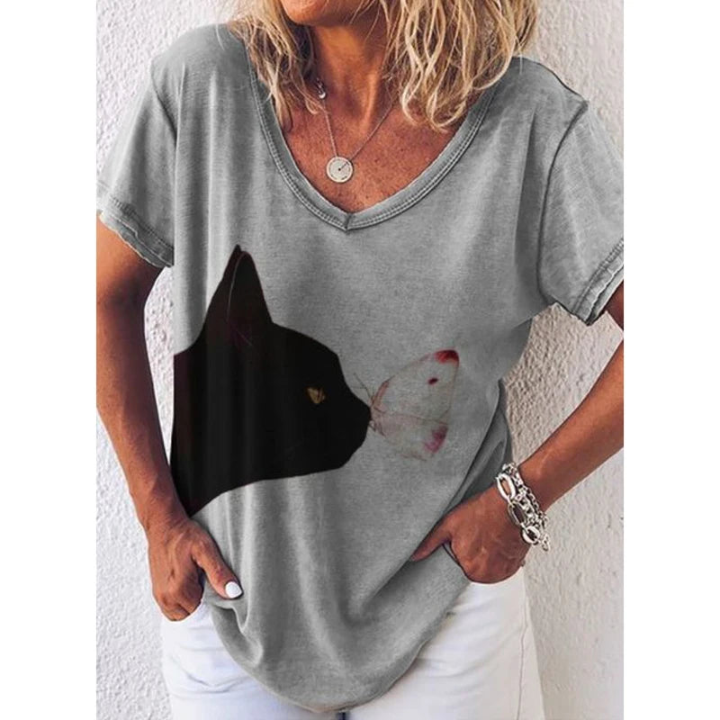 Damen Sommer Top Katzen T-Shirt Rundhals Streetwear Bluse Damentop Mädchen