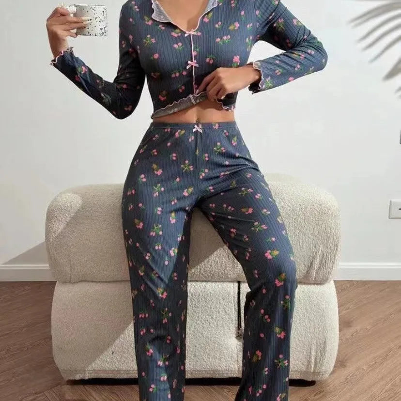 Pyjama für Damen Nachtwäsche Nachthemd Schlafanzug Zweiteiliger Hausanzug