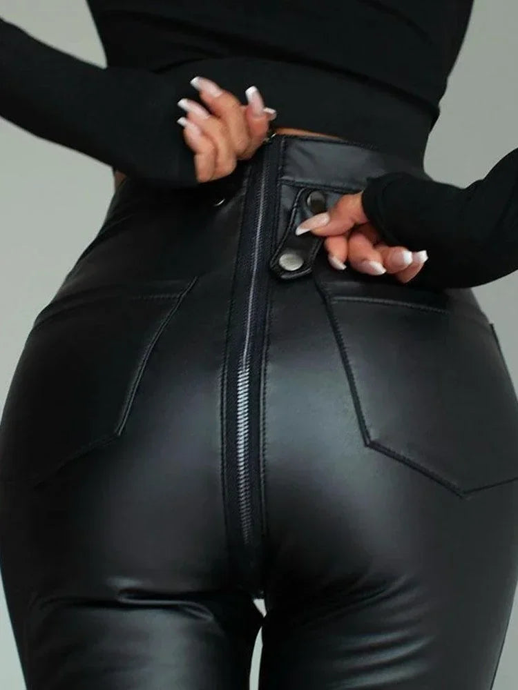 Sexy Damen Fashion Leggings Push Up Leggins Hose PU Lederhose mit Reißverschluss