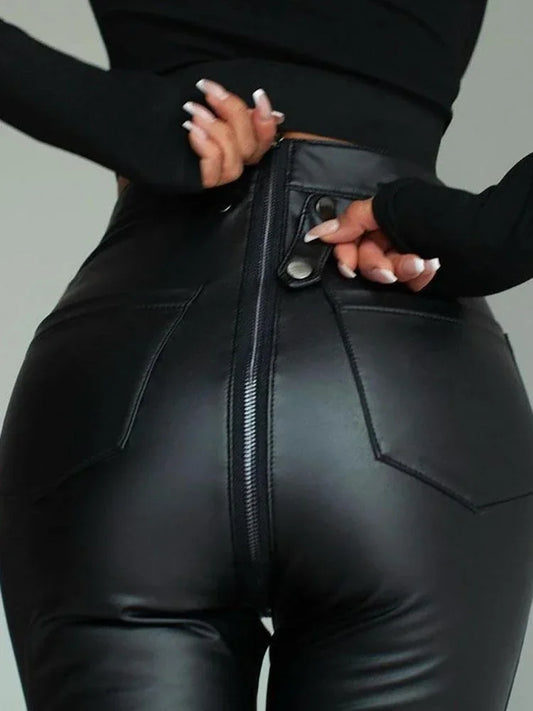Sexy Damen Fashion Leggings Push Up Leggins Hose PU Lederhose mit Reißverschluss