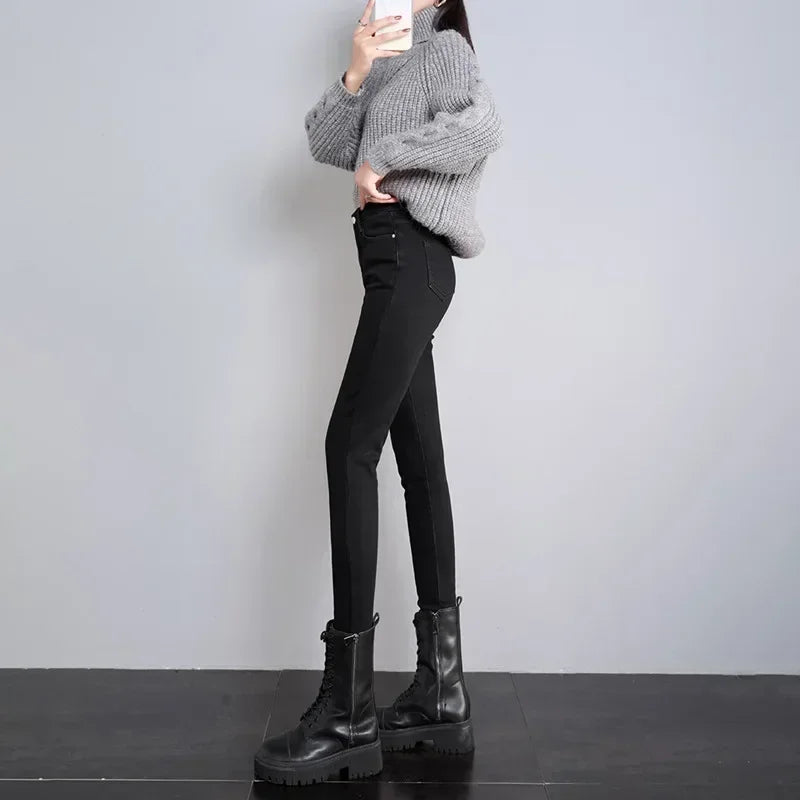 Damen Winter Warm Thermo Jeans Hose Innenfleece Stretch Hosen Leggins Denim
