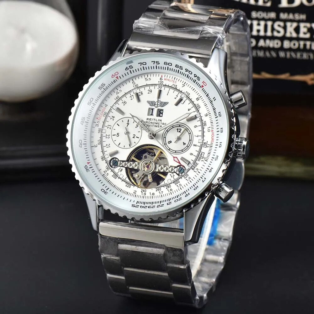 Herren Armbanduhr Silber Schwarz Edelstahl Automatik Luxus Chronograph Business