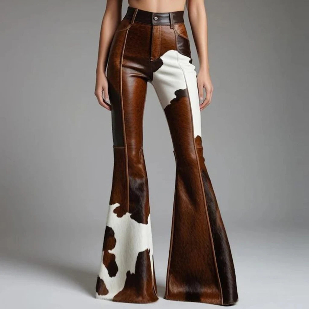 Sexy Damen Fashion Hose Kunst Lederhose Schlaghose Retro Western Flare Kuhmuster