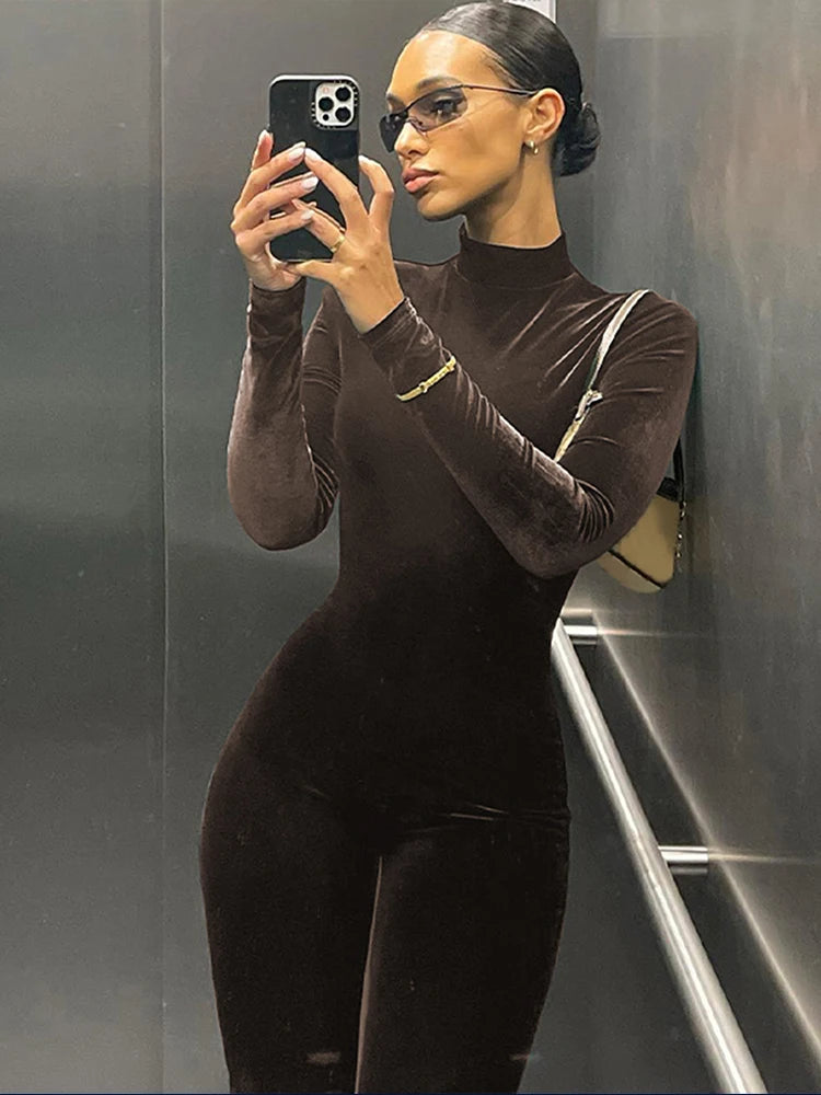 Dulzura Herbst Samt Sexy Y2K Kleidung Lange Hülse O-ansatz Bodycon Dünne Zipper Overall Frauen Sportliche Streetwear Strampler Outfits