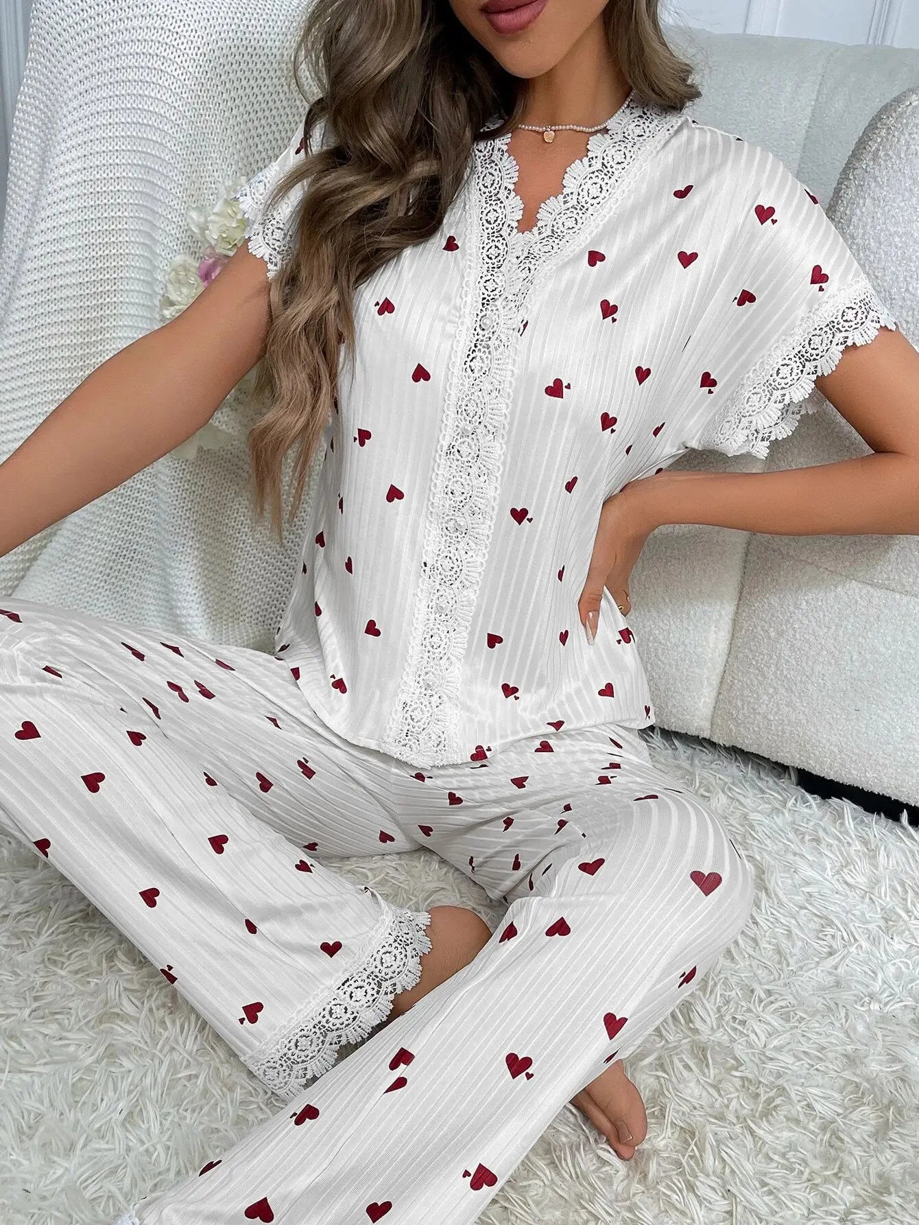 Frühlings-Sommer-Pyjama-Set für Damen, Nachtwäsche, Spitzenbesatz, Herzdruck, kurzärmliges Oberteil und Hose in voller Länge, Nachtwäsche, Loungewear
