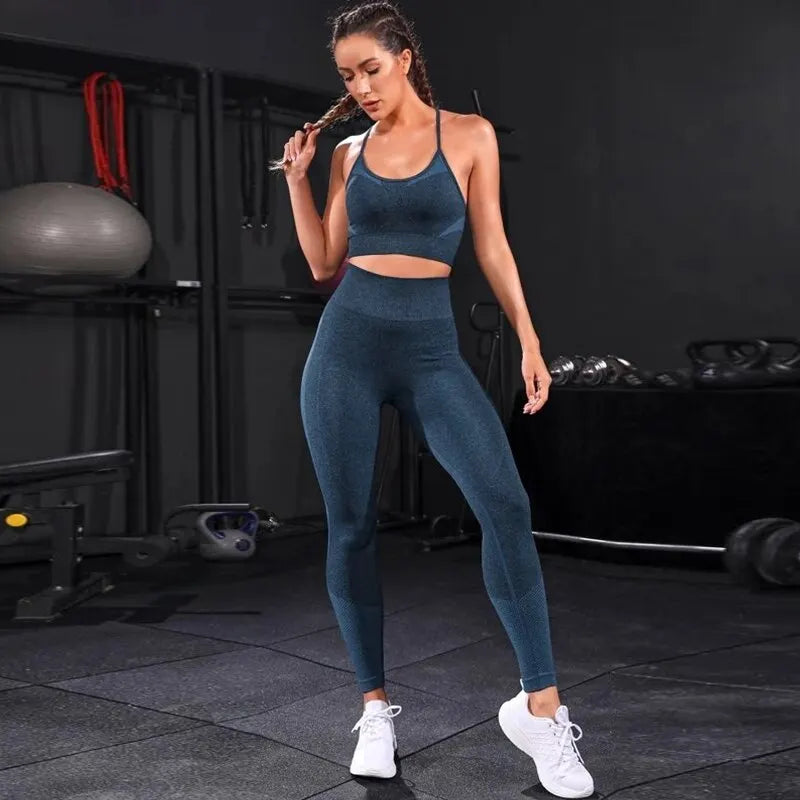 Damen Leggings Push Up Stretch Leggins Yoga Fitness Hose Sport BH Set Top Gym