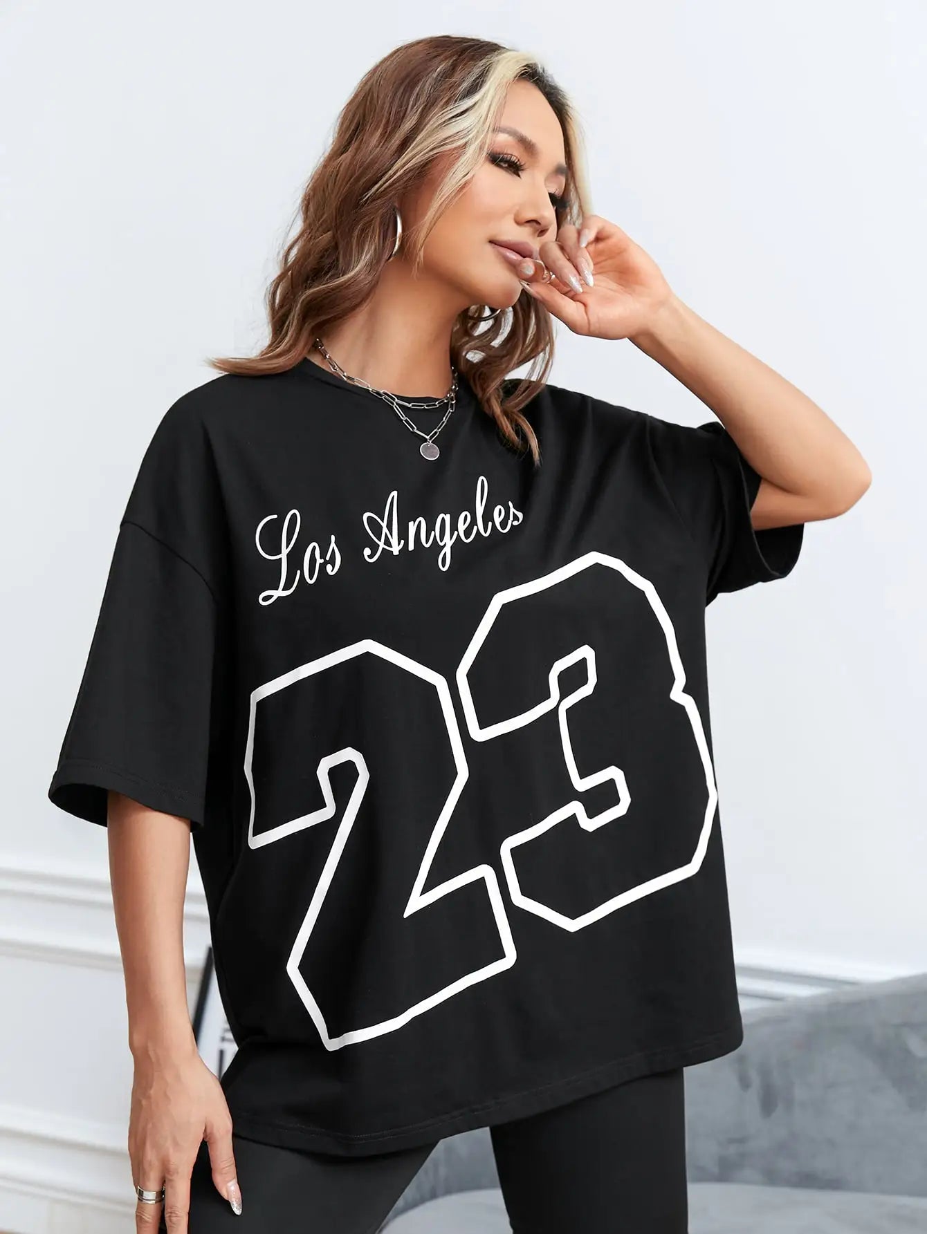 Damen Sommer Top Los Angeles 23 T-Shirt Rundhals Streetwear Baumwoll Damentop