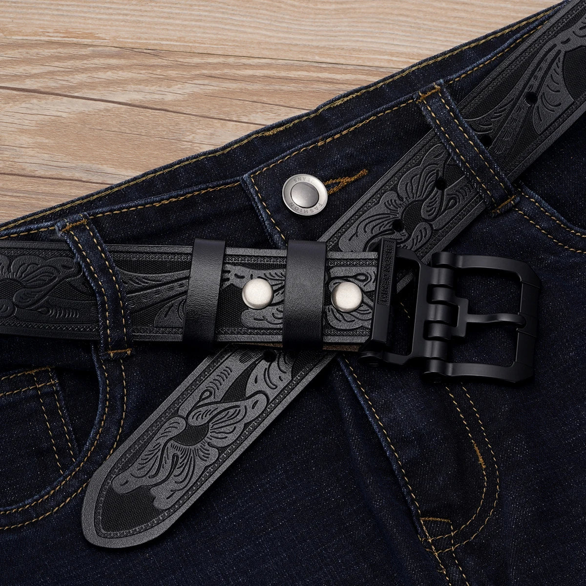BISON DENIM Rindsleder Retro Gedruckt Männer Gürtel Echtes Split Leder Legierung Pin Schnalle Gürtel Casual Western Cowboy Stil Gürtel Für Männer