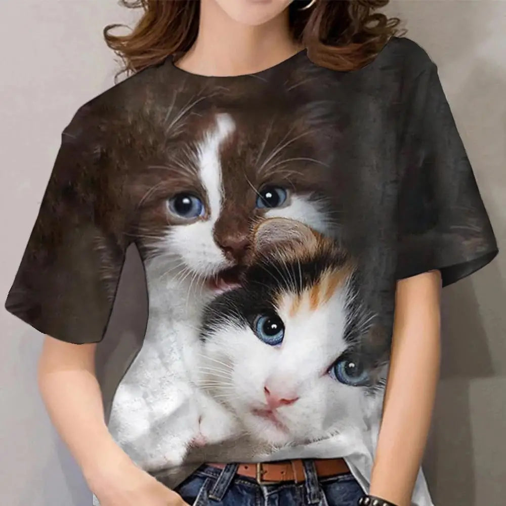 Damen Sommer Top 3D Katzen T-Shirt Rundhals Streetwear lockeres Damentop Bluse