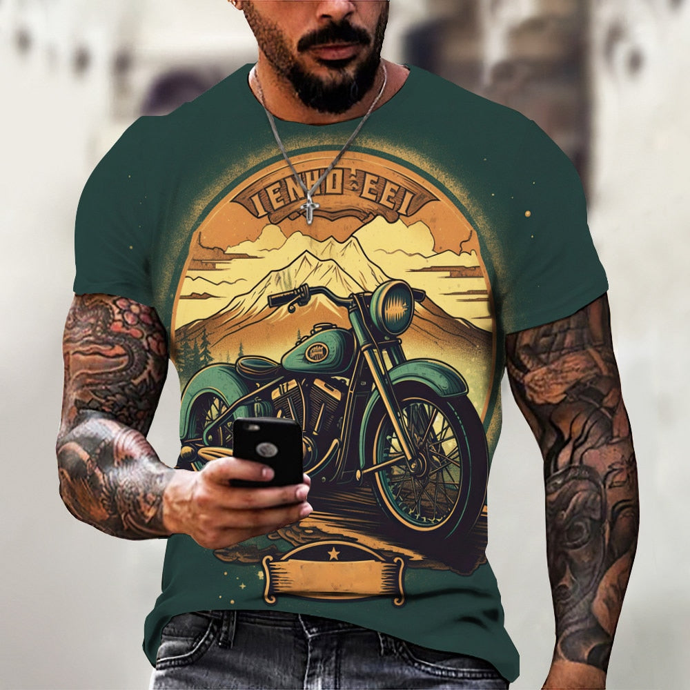 Herren Fashion Vintage Biker 3D T-Shirt Rundhals Unisex Sommer Streetwear