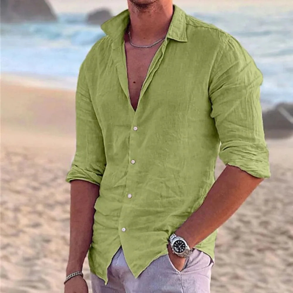 Herren Hemd Poloshirt Leinenhemd Langarm T-Shirt Leinen Polohemd Freizeithemd
