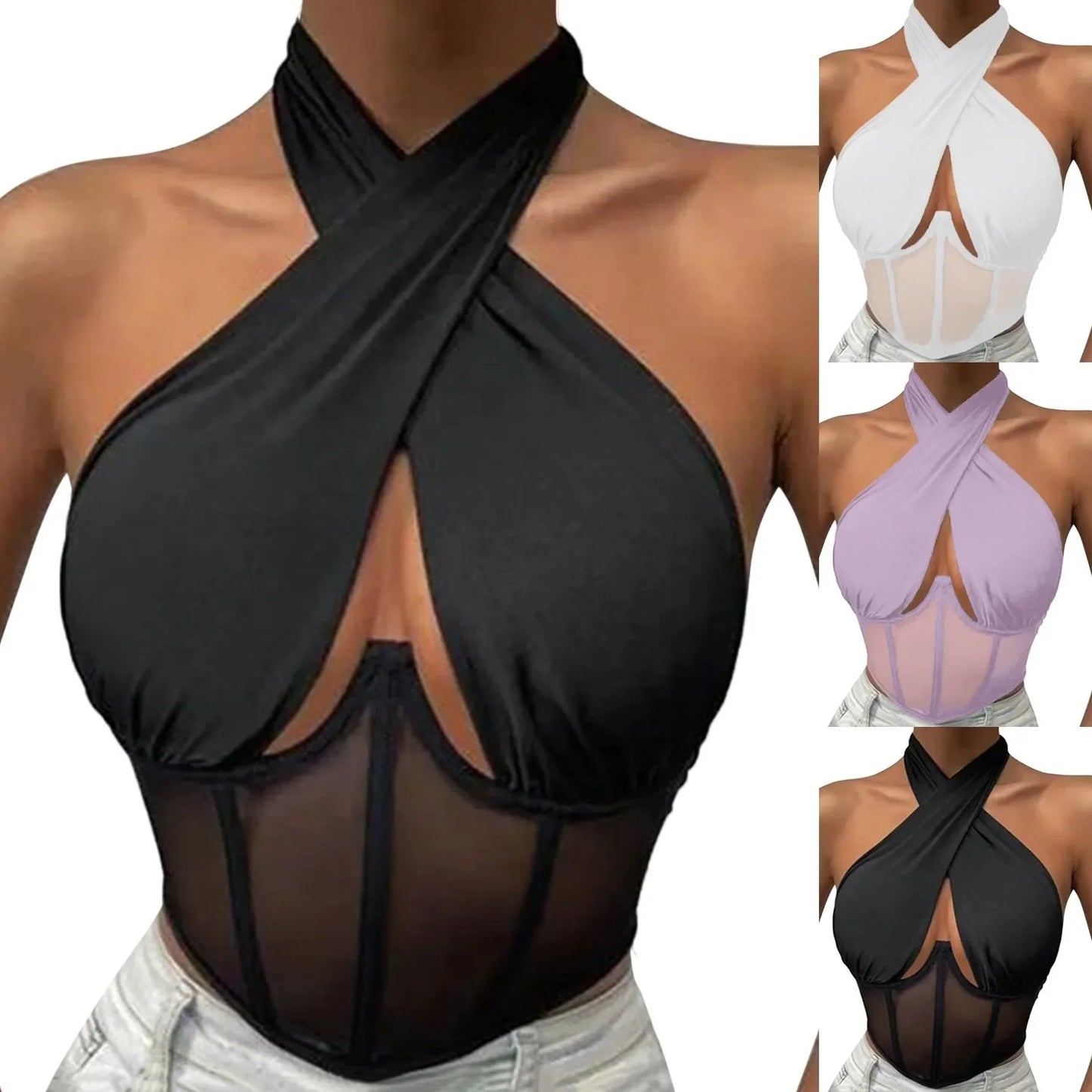 Damen Top Crossover Neckholder-Top Tank Top Shirt Trägertop Oberteil Blusen