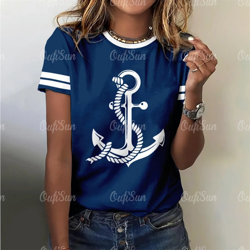 Damen Sommer Top Anker T-Shirt Rundhals Streetwear lockeres Damentop Anker-Motiv