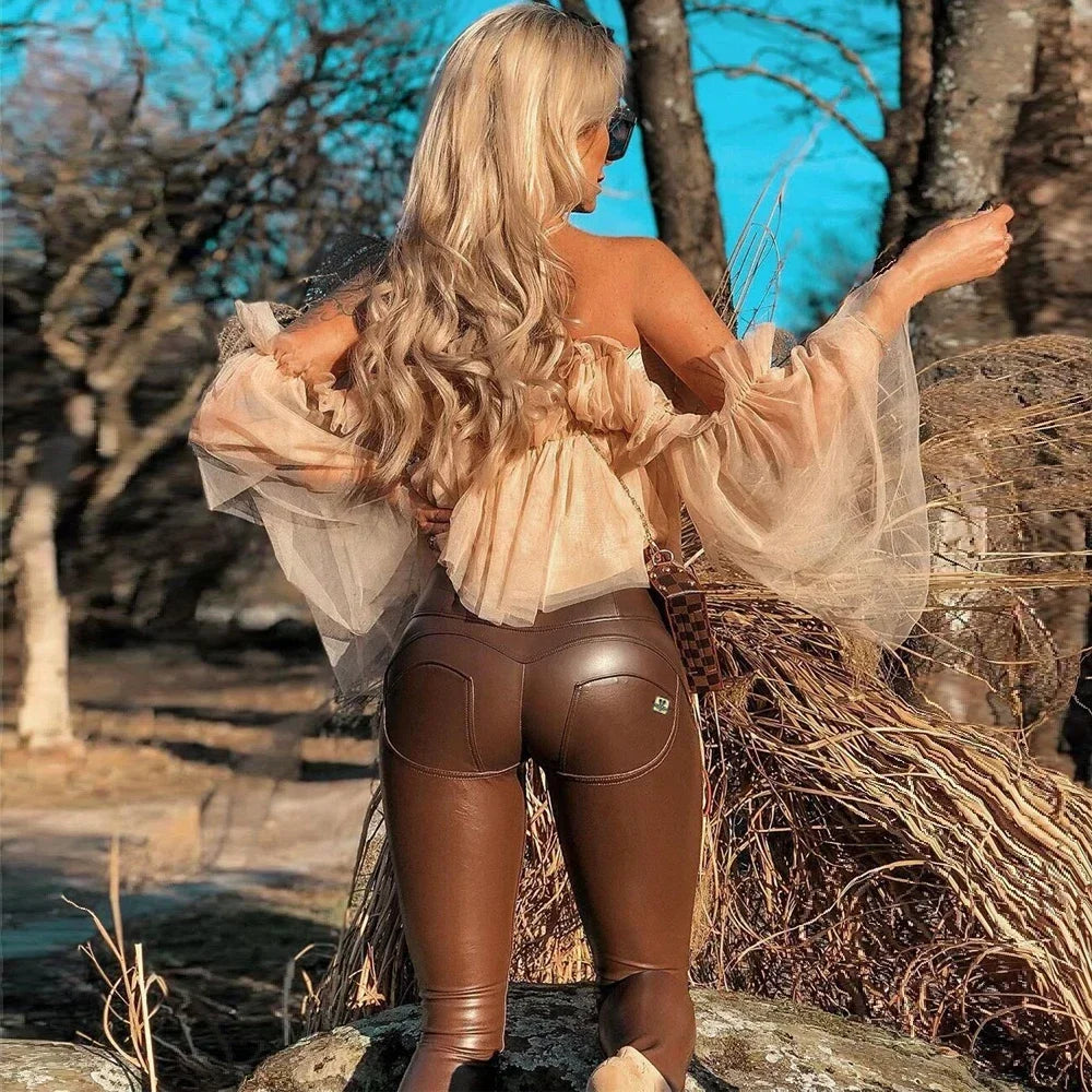 Sexy Skinny PU Leder Leggings Damen Hohe Taille Push Up Bleistifthose Slim