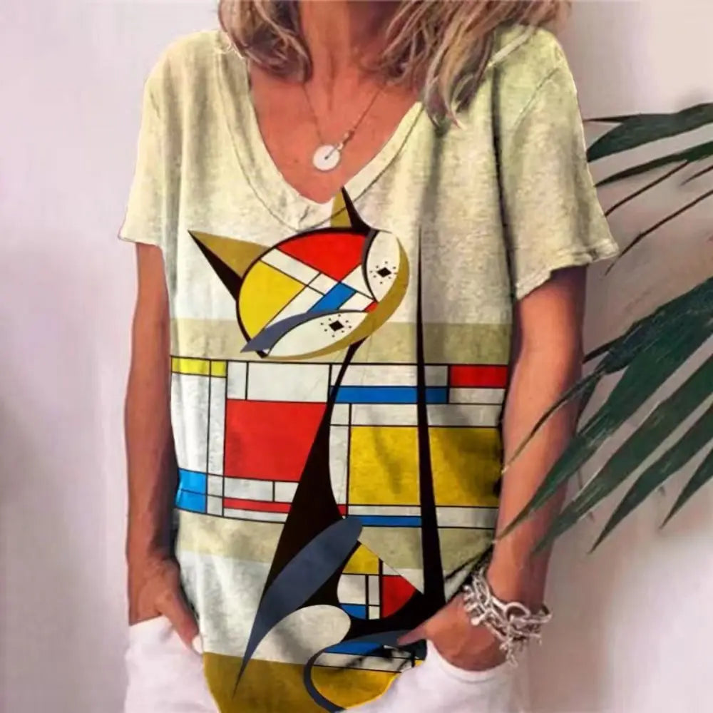 Damen Sommer Top 3D Katzen T-Shirt Rundhals Streetwear lockeres Damentop Bluse