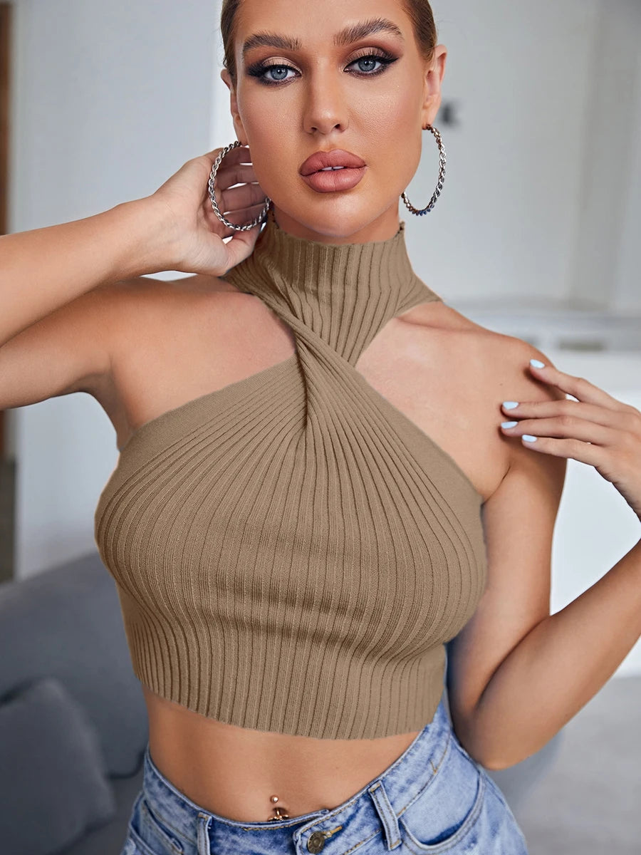 Damen Top Crossover Neckholder-Top Tank Top Shirt Trägertop Oberteil Blusen