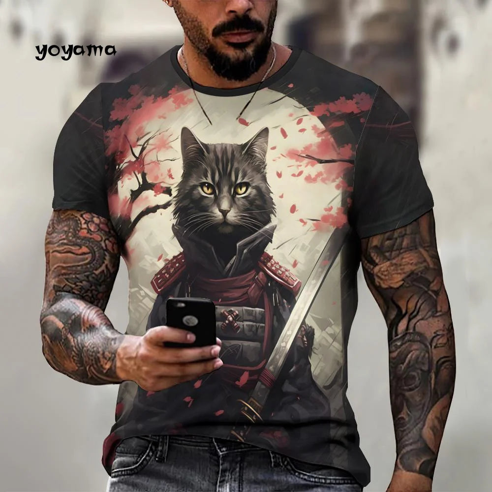 Japanische Samurai Katze Muster männer T-Shirt 3D Spaß Druck Kurzarm Sommer T-Shirt Harajuku Tops männer Straße Casual kleidung