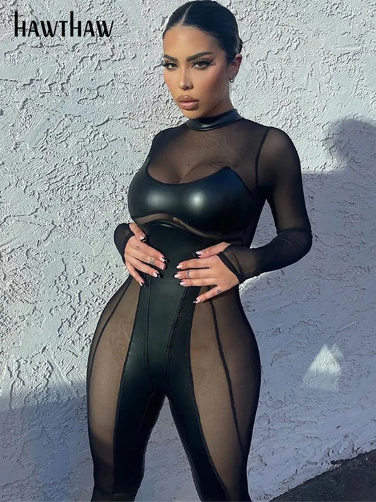 Sexy Damen Bodycon Overall Jumpsuit Strampler Catsuits Leder Optik Nachtclub