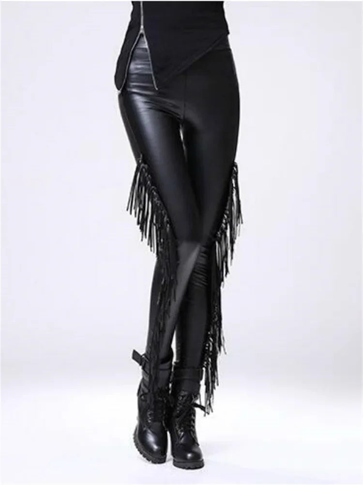 Sexy Damen Leggings Push Up Leggins Gothic Punk Hose PU Lederhose mit Fransen