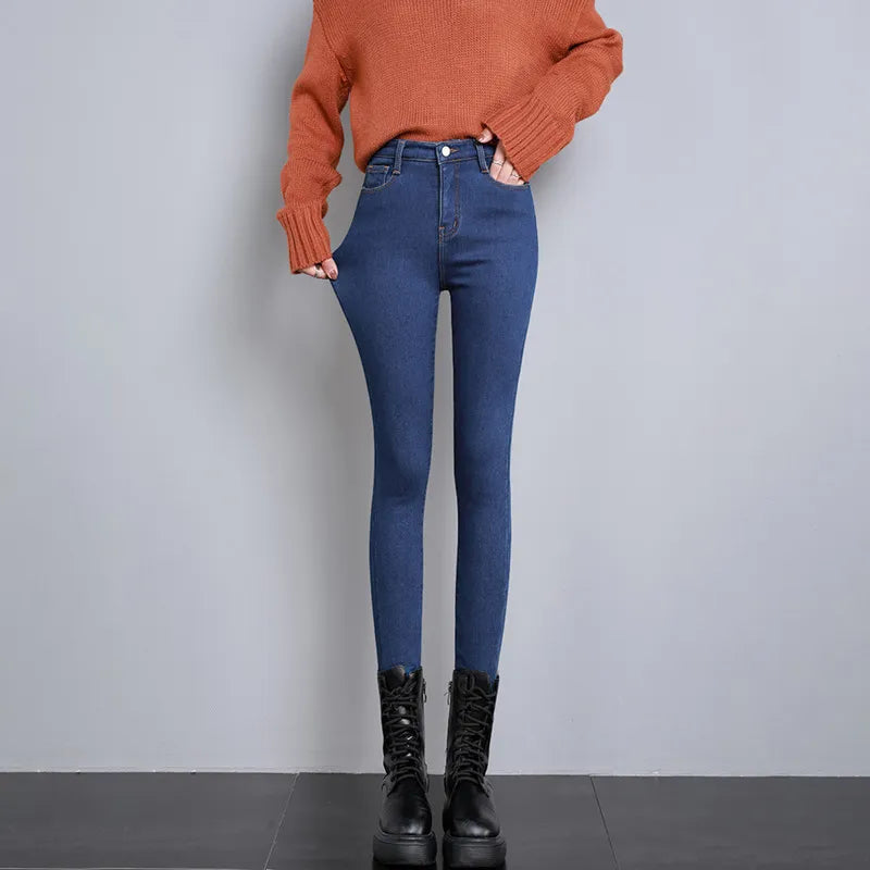 Frauen Winter Warm Thermo Jeans Hose Innenfleece Stretch Hosen Leggins Denim