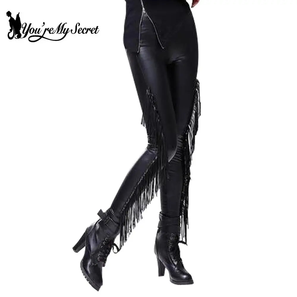 Sexy Damen Leggings Push Up Leggins Gothic Punk Hose PU Lederhose mit Fransen