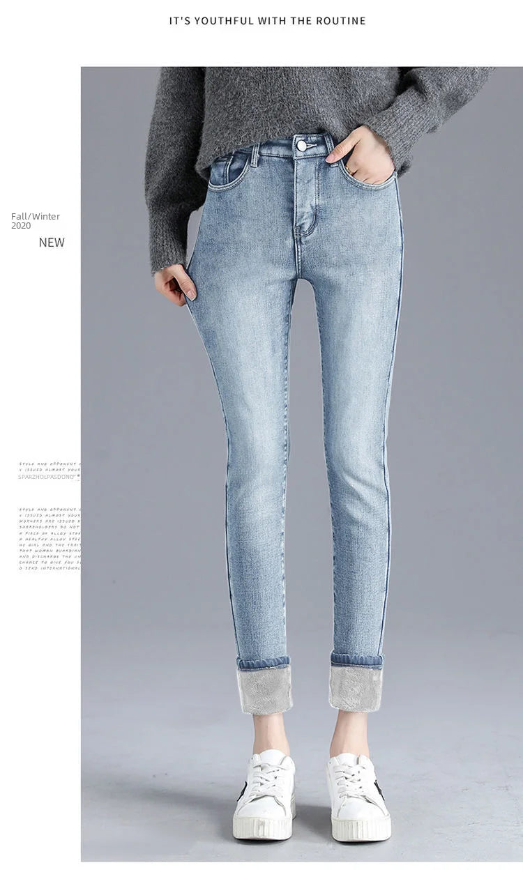Damen Winter Warm Thermo Jeans Hose Innenfleece Stretch Hosen Leggins Denim