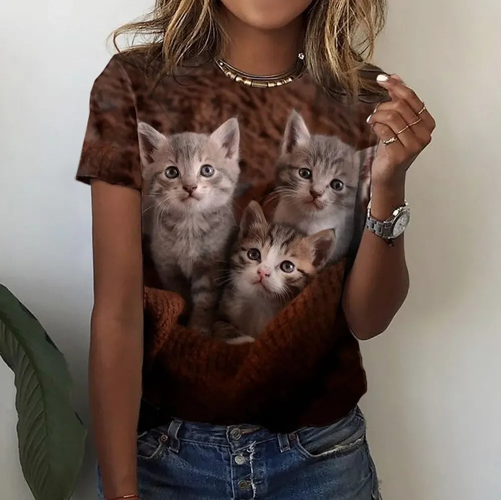 Damen Sommer Top 3D Katzen T-Shirt Rundhals Streetwear lockeres Damentop