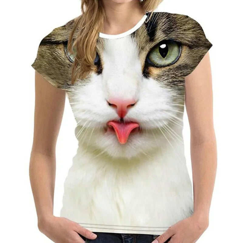 Damen T-Shirt Sommer Top Katzen Hemd Rundhals Streetwear lockeres Damentop