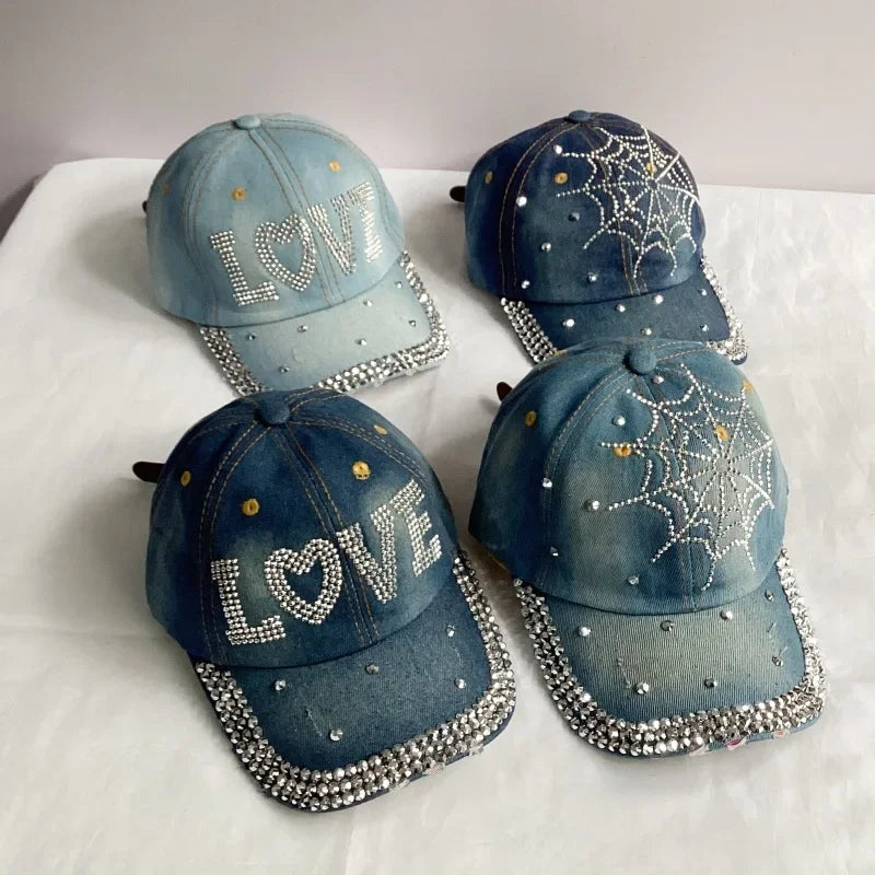 Jeans Basecap Cappy Denim Look Cap Kappe LOVE Strass gebogen Herren Damen
