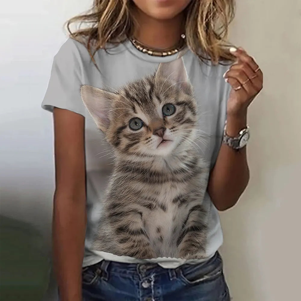Damen Sommer Top 3D Katzen T-Shirt Rundhals Streetwear lockeres Damentop