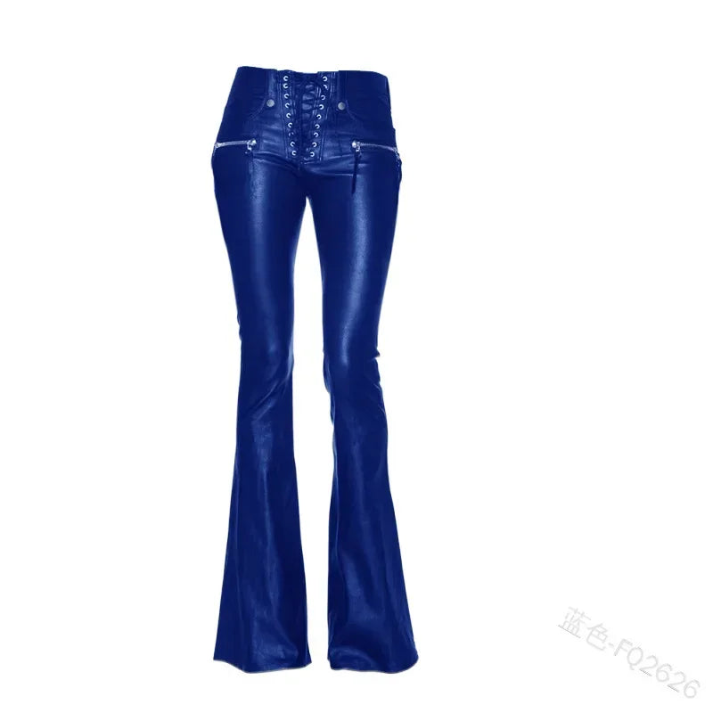 Damen Hose Gothic Punk PU Lederhose Bootcut Strech Hüftjeans Schlaghose Flared