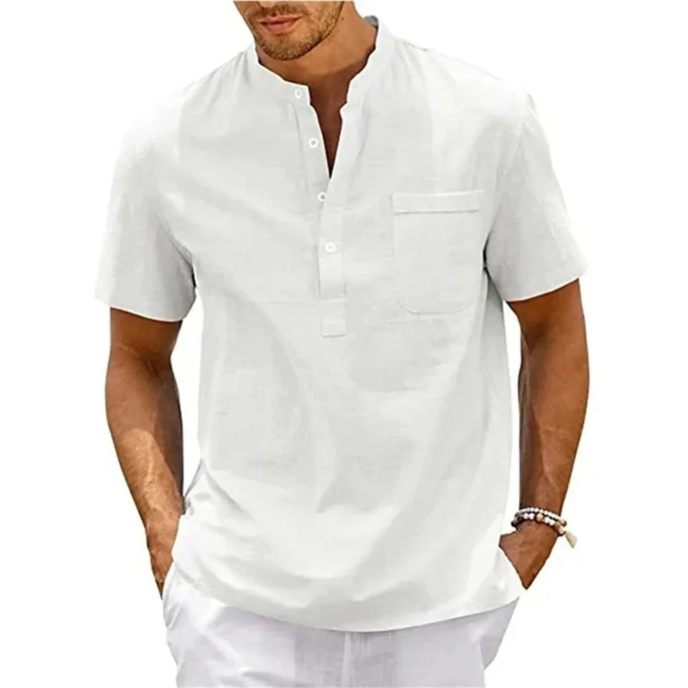 Herren Hemd Poloshirt Leinenhemd Kurzarm T-Shirt Leinen Polohemd Freizeithemd